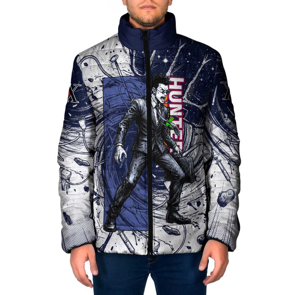 Leorio Paradinight Portal Energy Theme Padded Jacket with Dynamic Anime Artwork and Blue Grunge Design - The Mazicc
