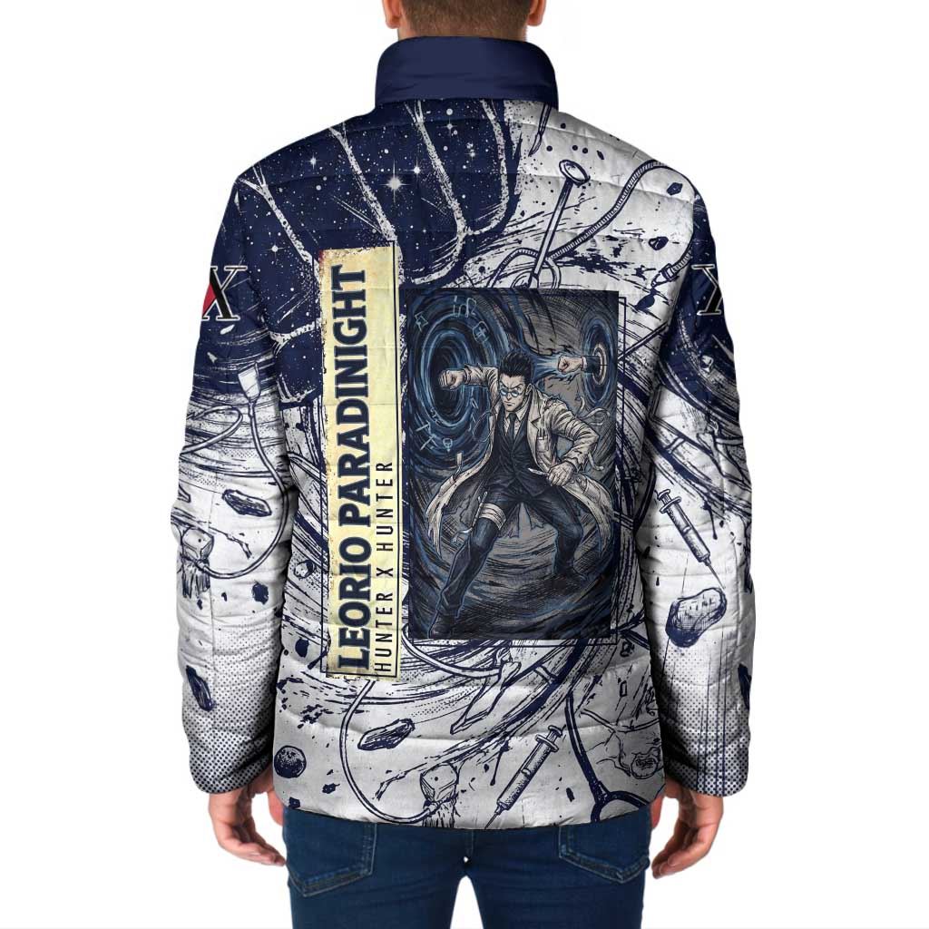 Leorio Paradinight Portal Energy Theme Padded Jacket with Dynamic Anime Artwork and Blue Grunge Design - The Mazicc