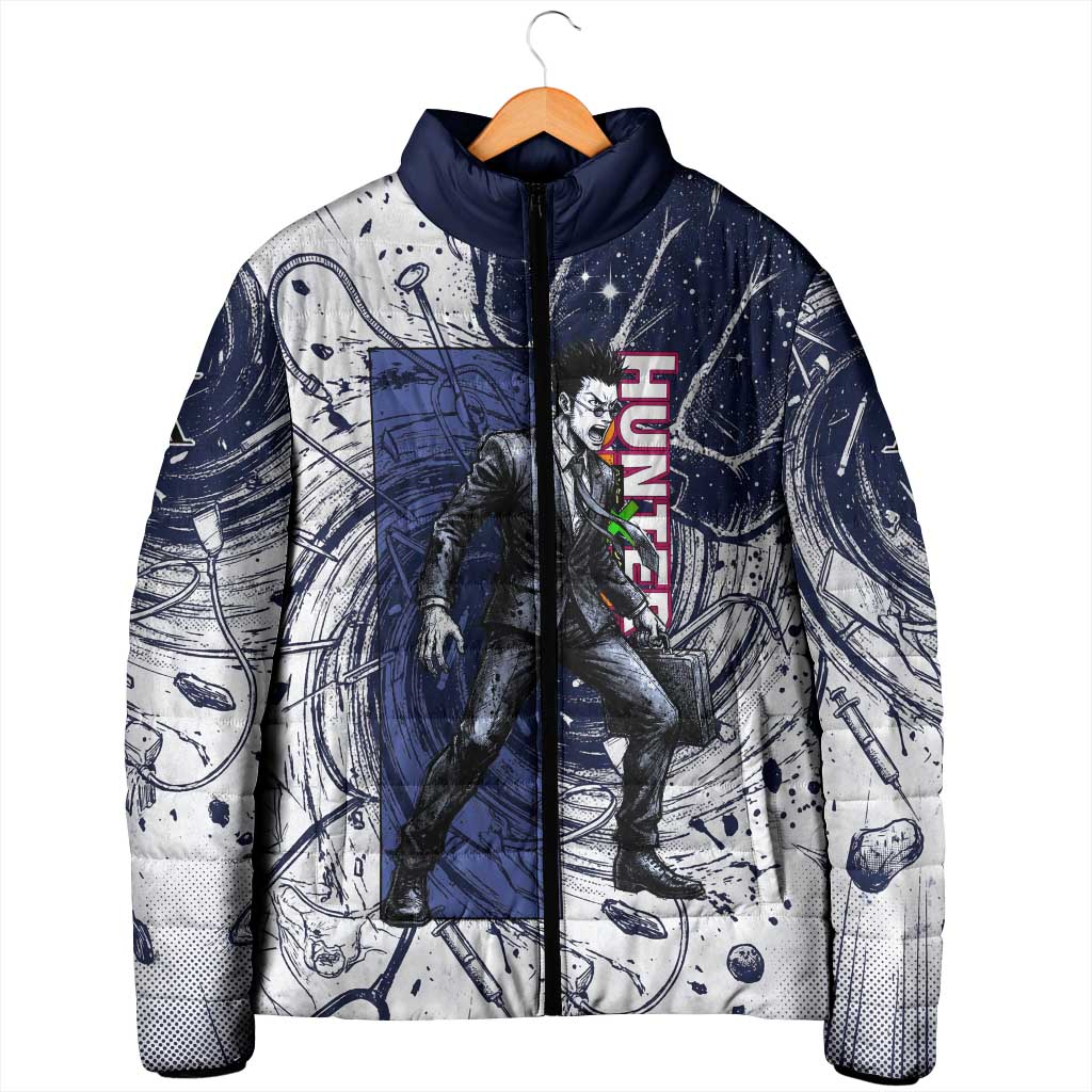 Leorio Paradinight Portal Energy Theme Padded Jacket with Dynamic Anime Artwork and Blue Grunge Design - The Mazicc