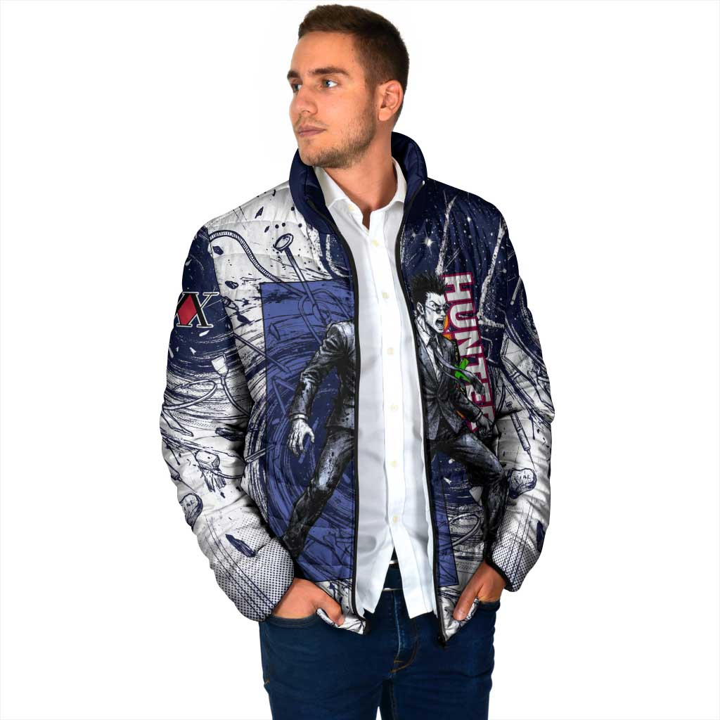 Leorio Paradinight Portal Energy Theme Padded Jacket with Dynamic Anime Artwork and Blue Grunge Design - The Mazicc
