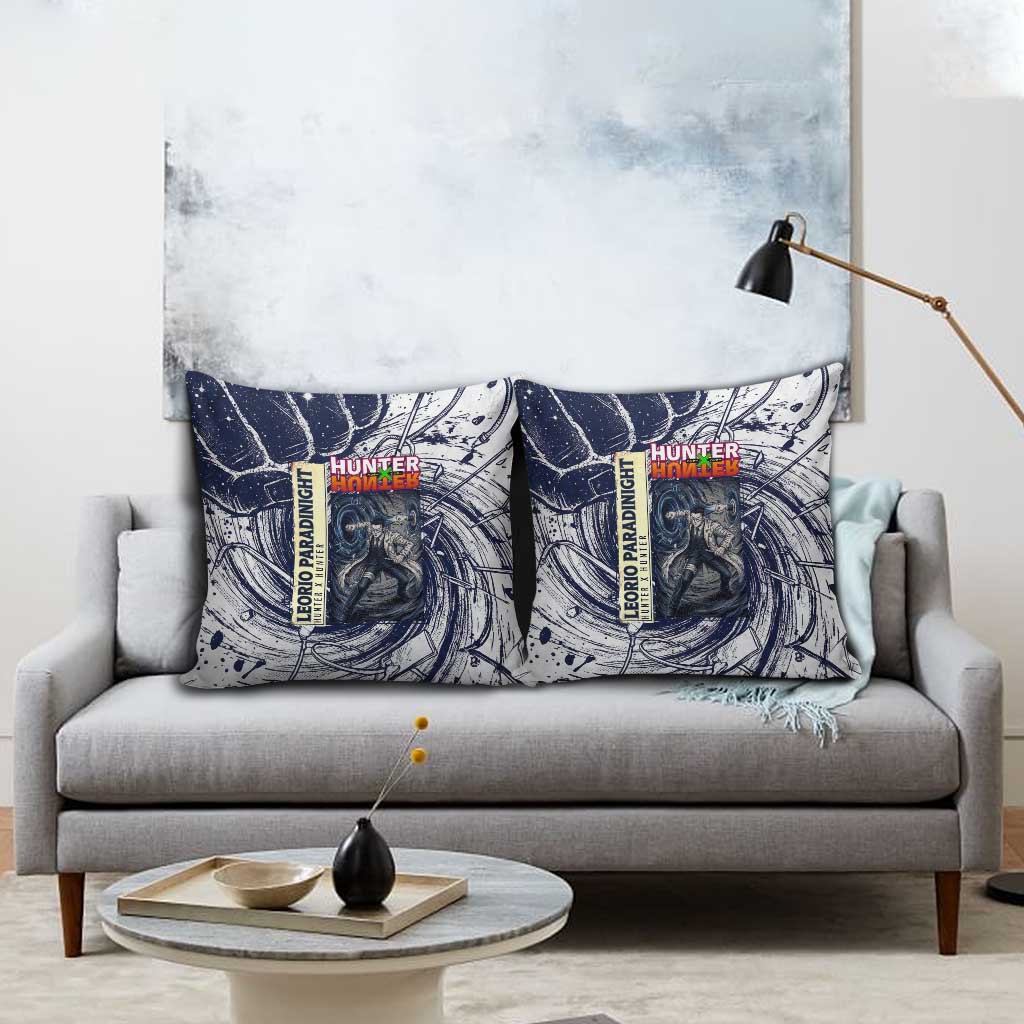 Leorio Paradinight Portal Energy Theme Pillow Cover with Dynamic Anime Artwork and Blue Grunge Design - The Mazicc