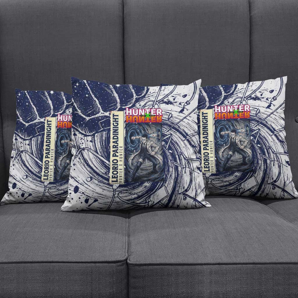 Leorio Paradinight Portal Energy Theme Pillow Cover with Dynamic Anime Artwork and Blue Grunge Design - The Mazicc