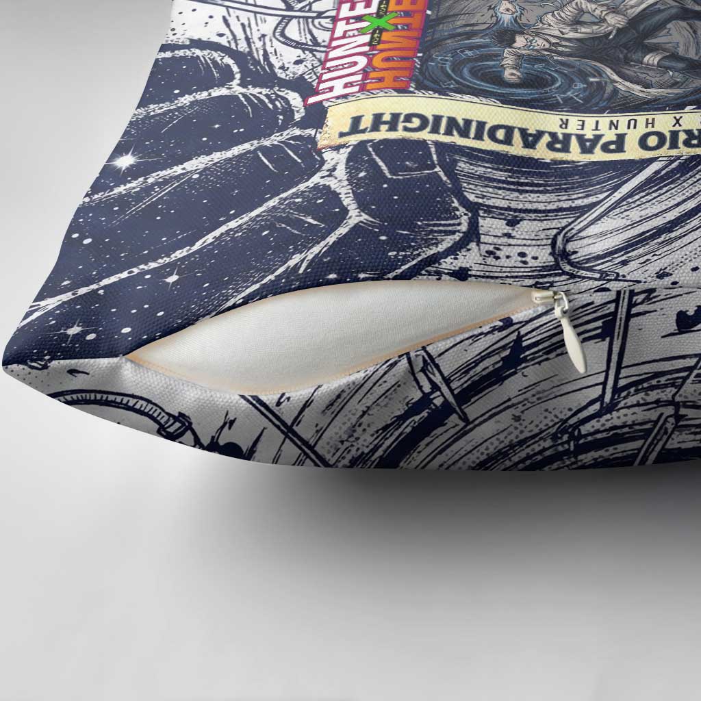 Leorio Paradinight Portal Energy Theme Pillow Cover with Dynamic Anime Artwork and Blue Grunge Design - The Mazicc