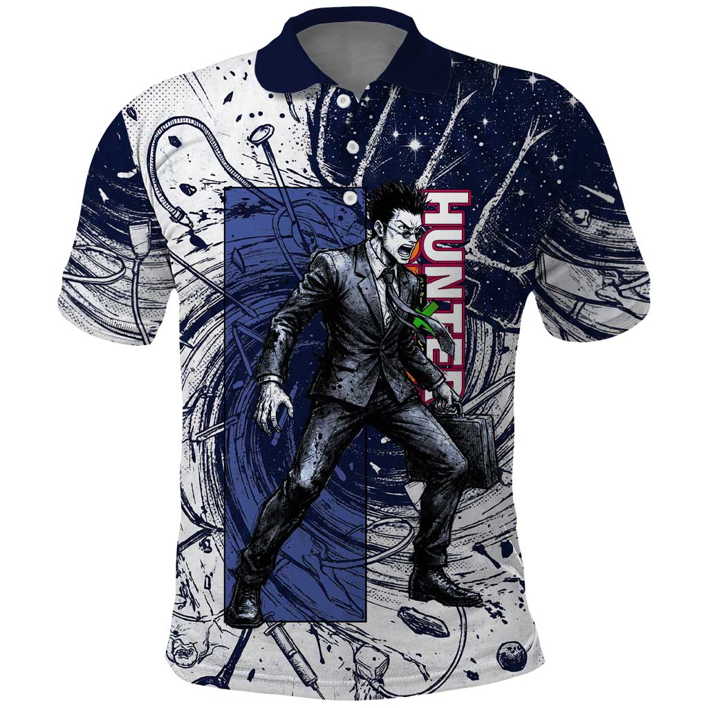 Leorio Paradinight Portal Energy Theme Polo Shirt with Dynamic Anime Artwork and Blue Grunge Design - The Mazicc