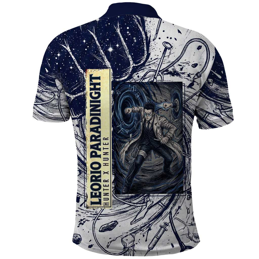Leorio Paradinight Portal Energy Theme Polo Shirt with Dynamic Anime Artwork and Blue Grunge Design - The Mazicc