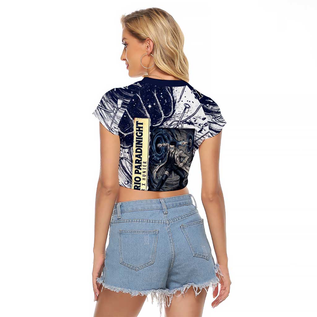 Leorio Paradinight Portal Energy Theme Raglan Cropped T Shirt with Dynamic Anime Artwork and Blue Grunge Design - The Mazicc