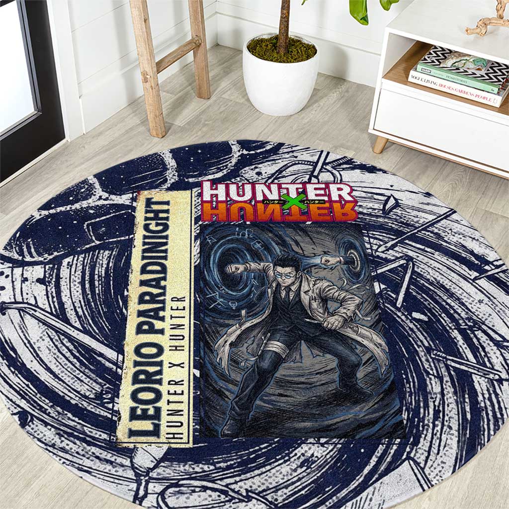 Leorio Paradinight Portal Energy Theme Round Carpet with Dynamic Anime Artwork and Blue Grunge Design - The Mazicc