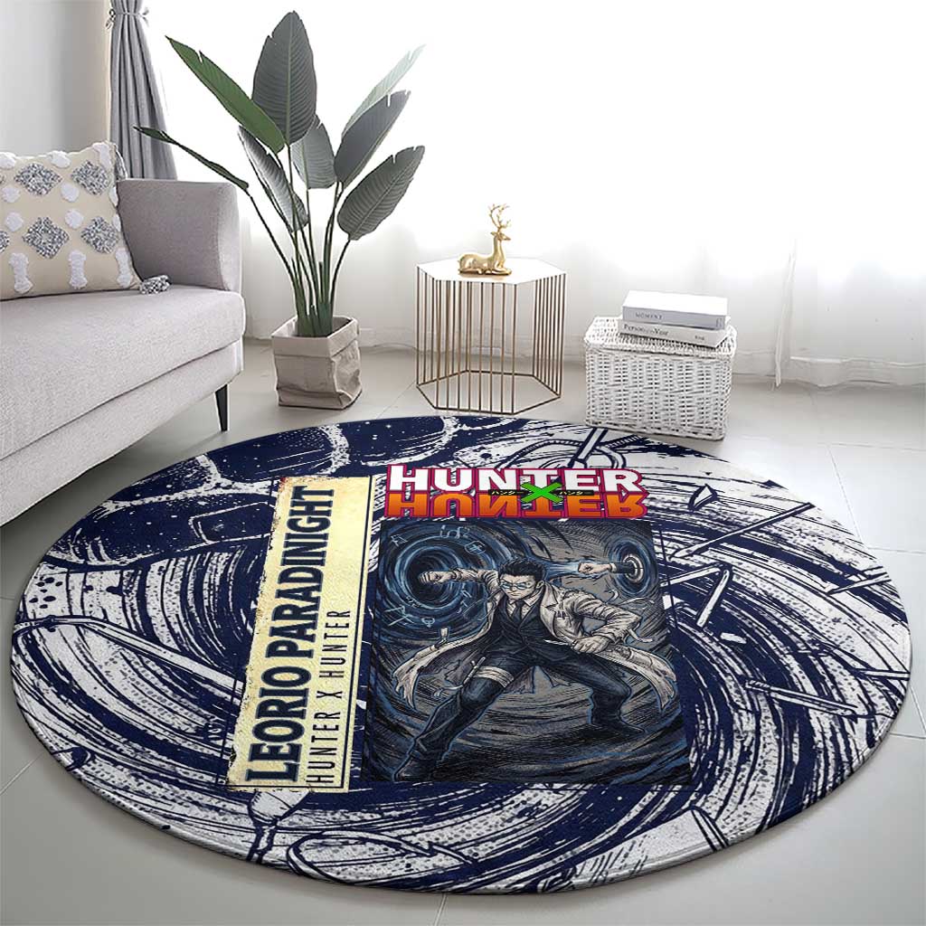 Leorio Paradinight Portal Energy Theme Round Carpet with Dynamic Anime Artwork and Blue Grunge Design - The Mazicc