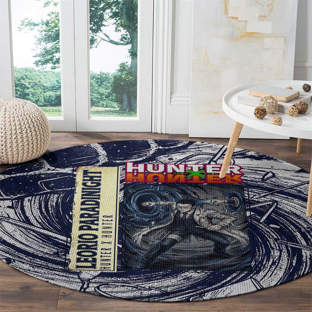 Leorio Paradinight Portal Energy Theme Round Carpet with Dynamic Anime Artwork and Blue Grunge Design - The Mazicc