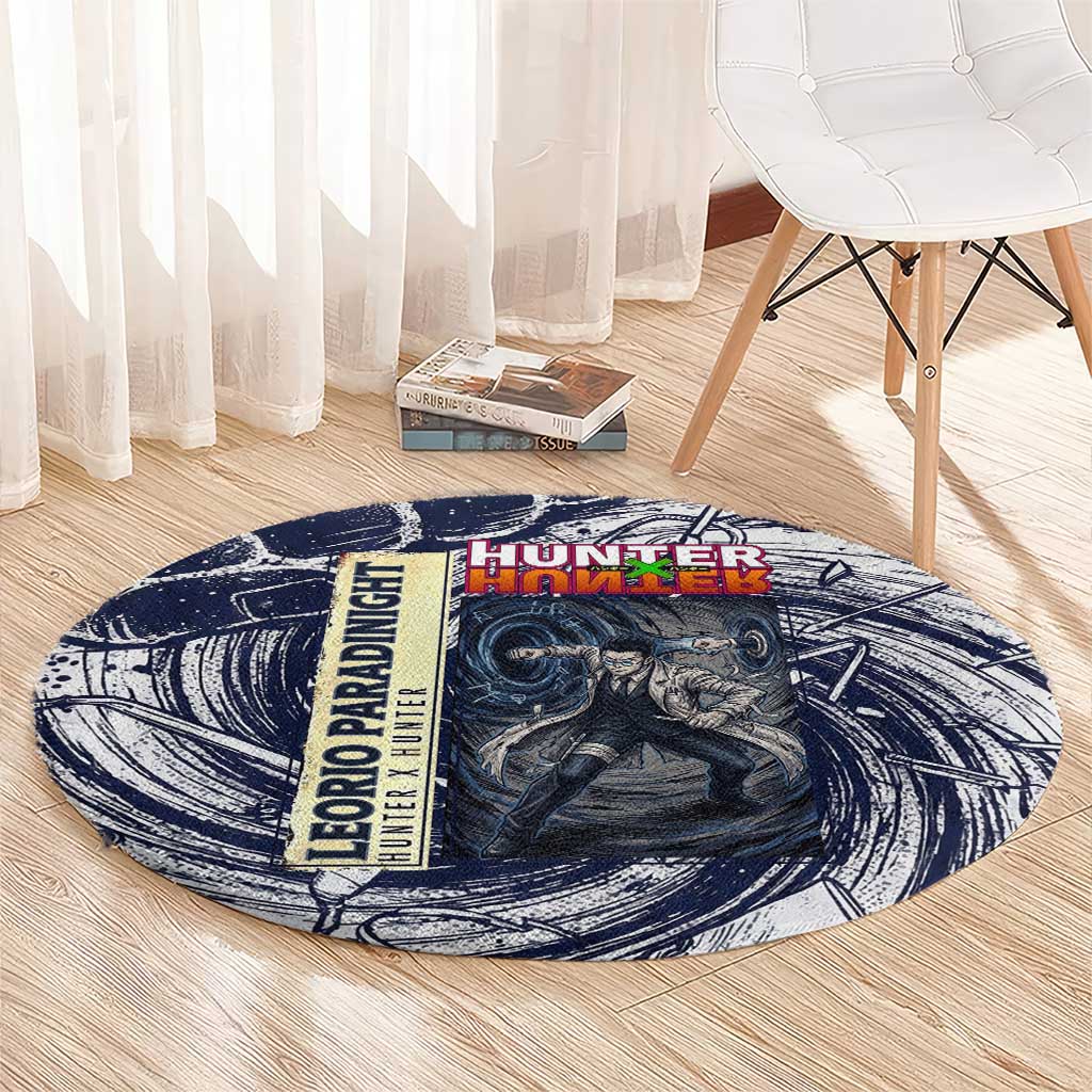 Leorio Paradinight Portal Energy Theme Round Carpet with Dynamic Anime Artwork and Blue Grunge Design - The Mazicc