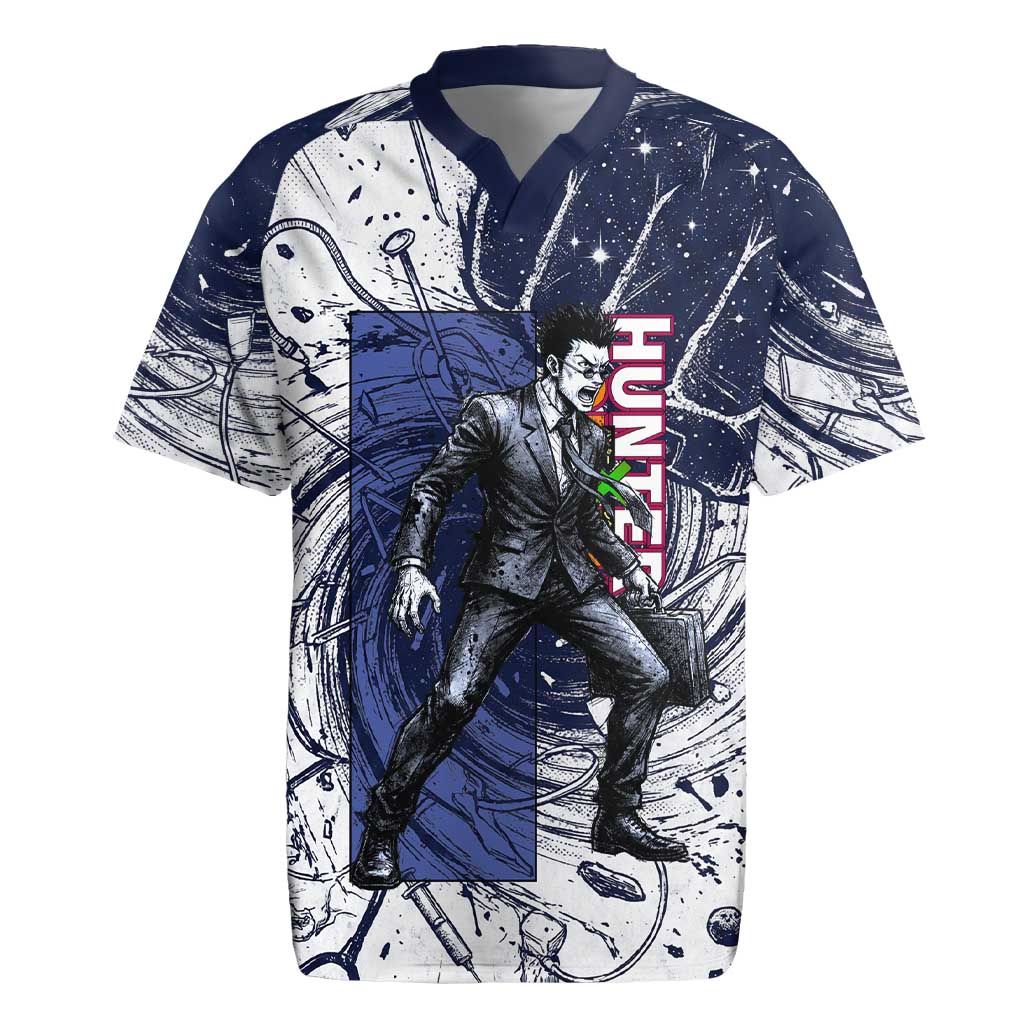 Leorio Paradinight Portal Energy Theme Rugby Jersey with Dynamic Anime Artwork and Blue Grunge Design - The Mazicc