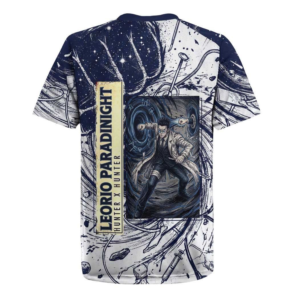 Leorio Paradinight Portal Energy Theme Rugby Jersey with Dynamic Anime Artwork and Blue Grunge Design - The Mazicc