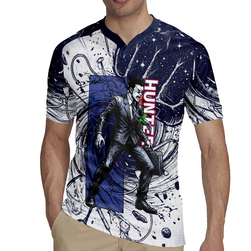 Leorio Paradinight Portal Energy Theme Rugby Jersey with Dynamic Anime Artwork and Blue Grunge Design - The Mazicc