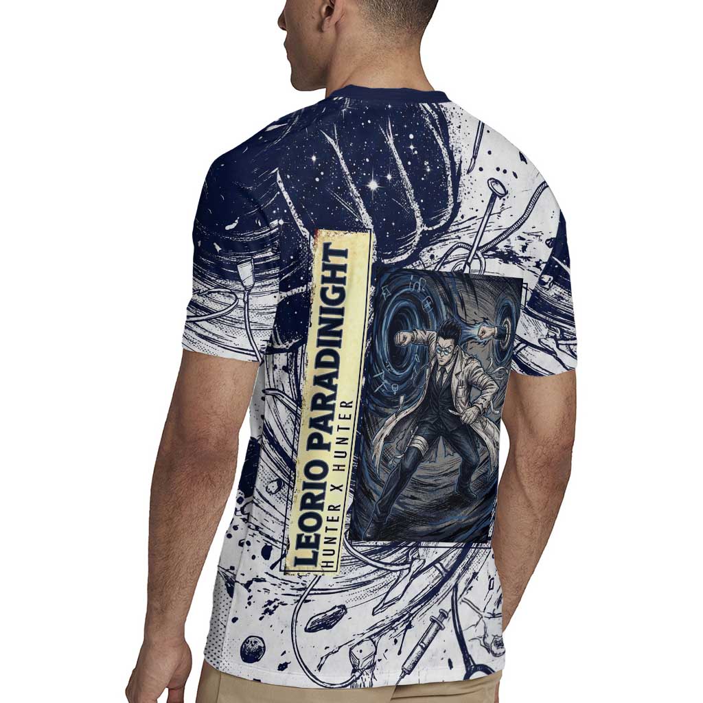 Leorio Paradinight Portal Energy Theme Rugby Jersey with Dynamic Anime Artwork and Blue Grunge Design - The Mazicc