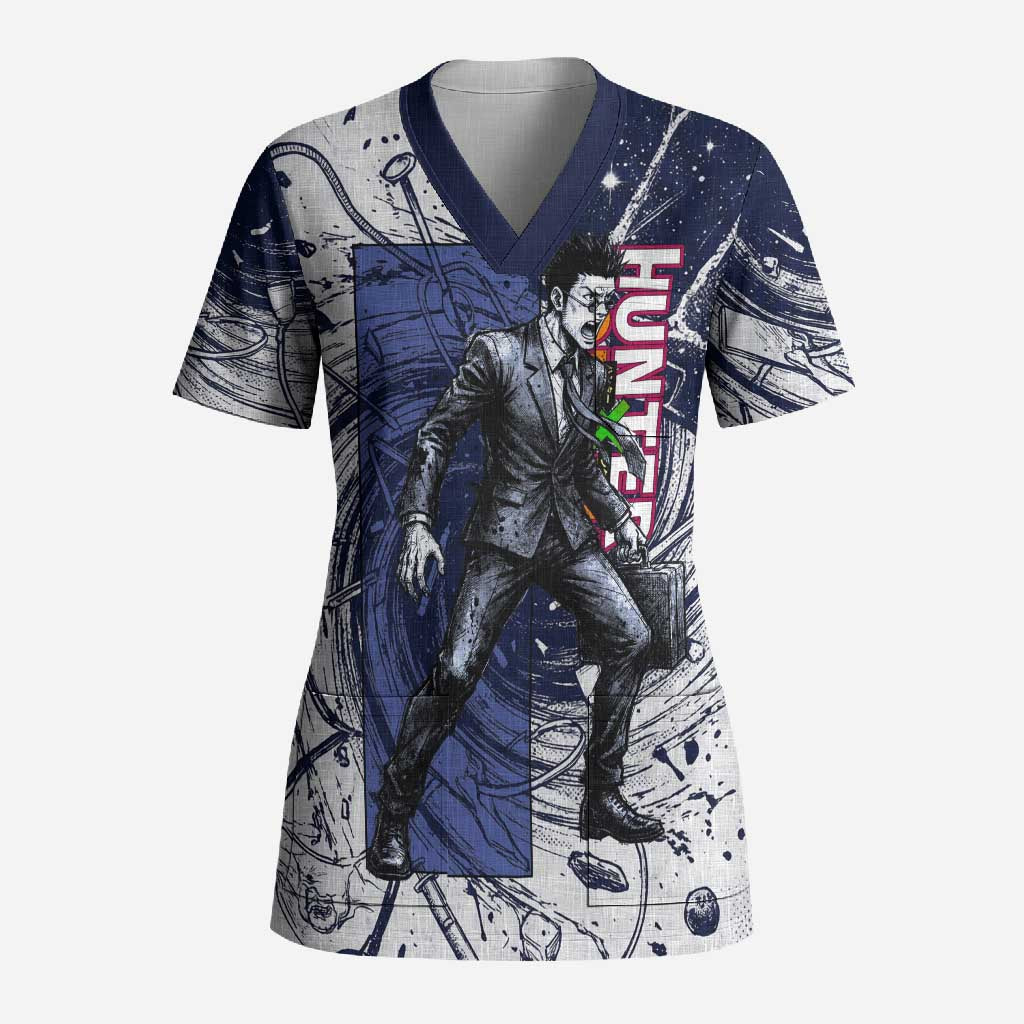 Leorio Paradinight Portal Energy Theme Scrub Top with Dynamic Anime Artwork and Blue Grunge Design - The Mazicc