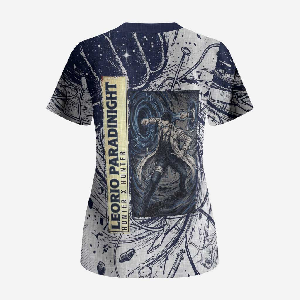 Leorio Paradinight Portal Energy Theme Scrub Top with Dynamic Anime Artwork and Blue Grunge Design - The Mazicc
