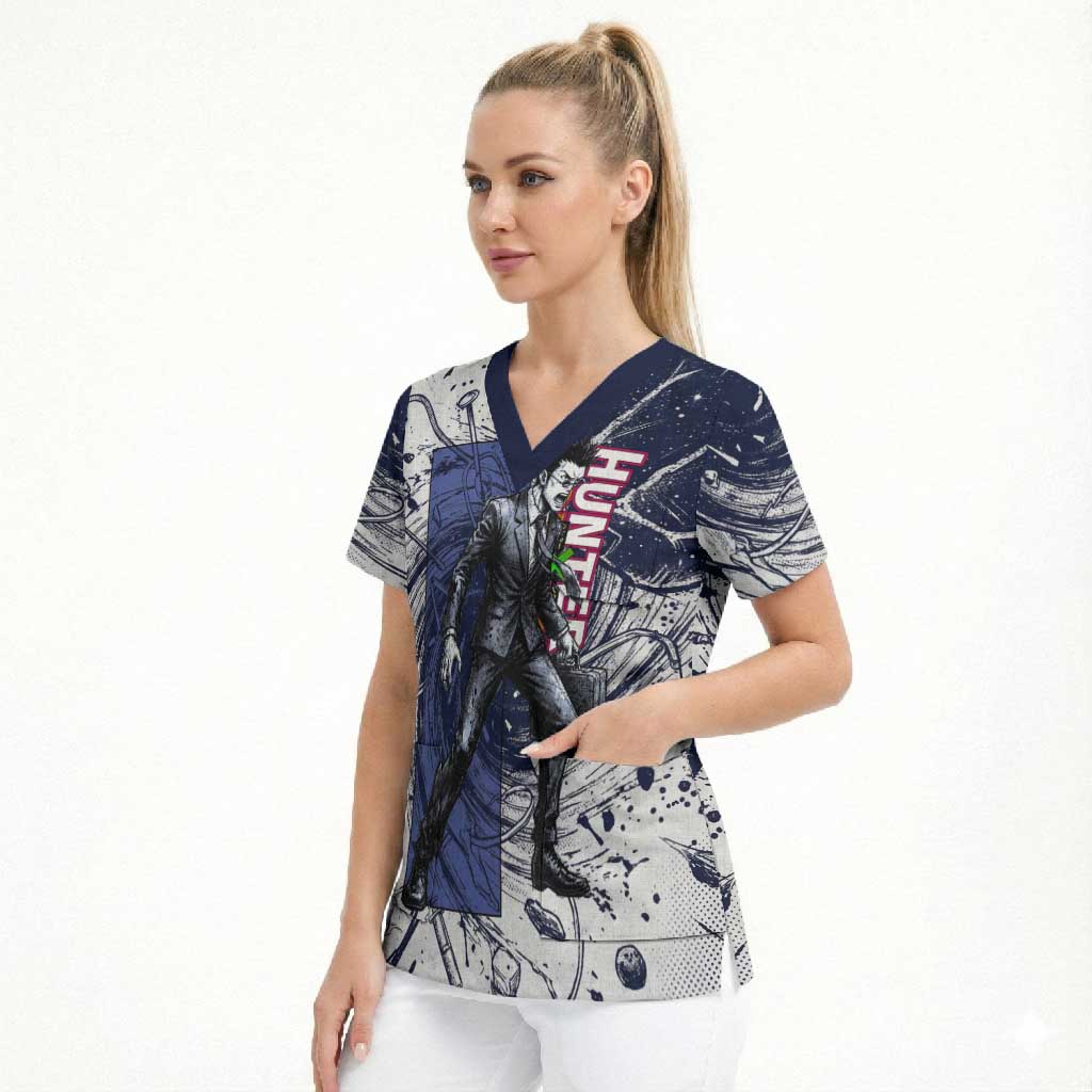 Leorio Paradinight Portal Energy Theme Scrub Top with Dynamic Anime Artwork and Blue Grunge Design - The Mazicc