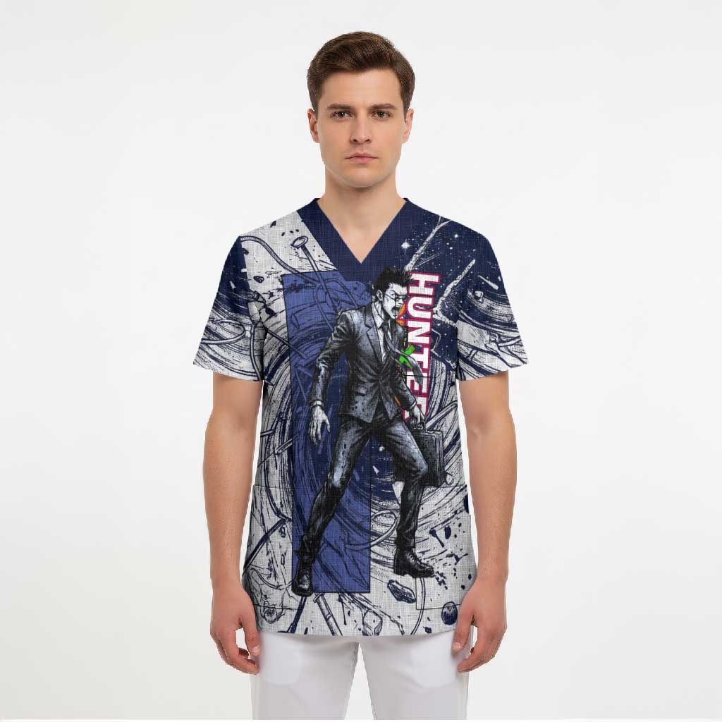 Leorio Paradinight Portal Energy Theme Scrub Top with Dynamic Anime Artwork and Blue Grunge Design - The Mazicc