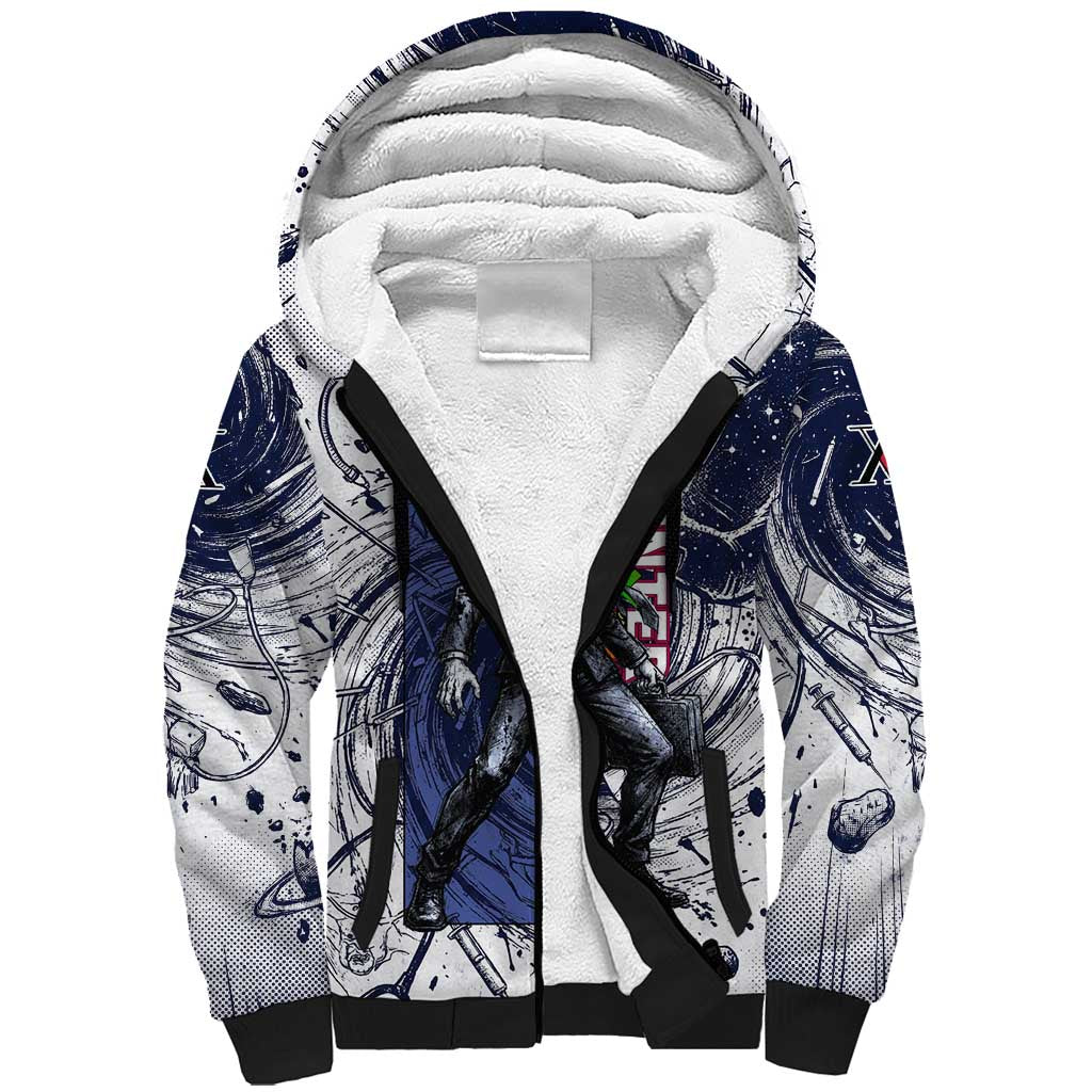 Leorio Paradinight Portal Energy Theme Sherpa Hoodie with Dynamic Anime Artwork and Blue Grunge Design - The Mazicc