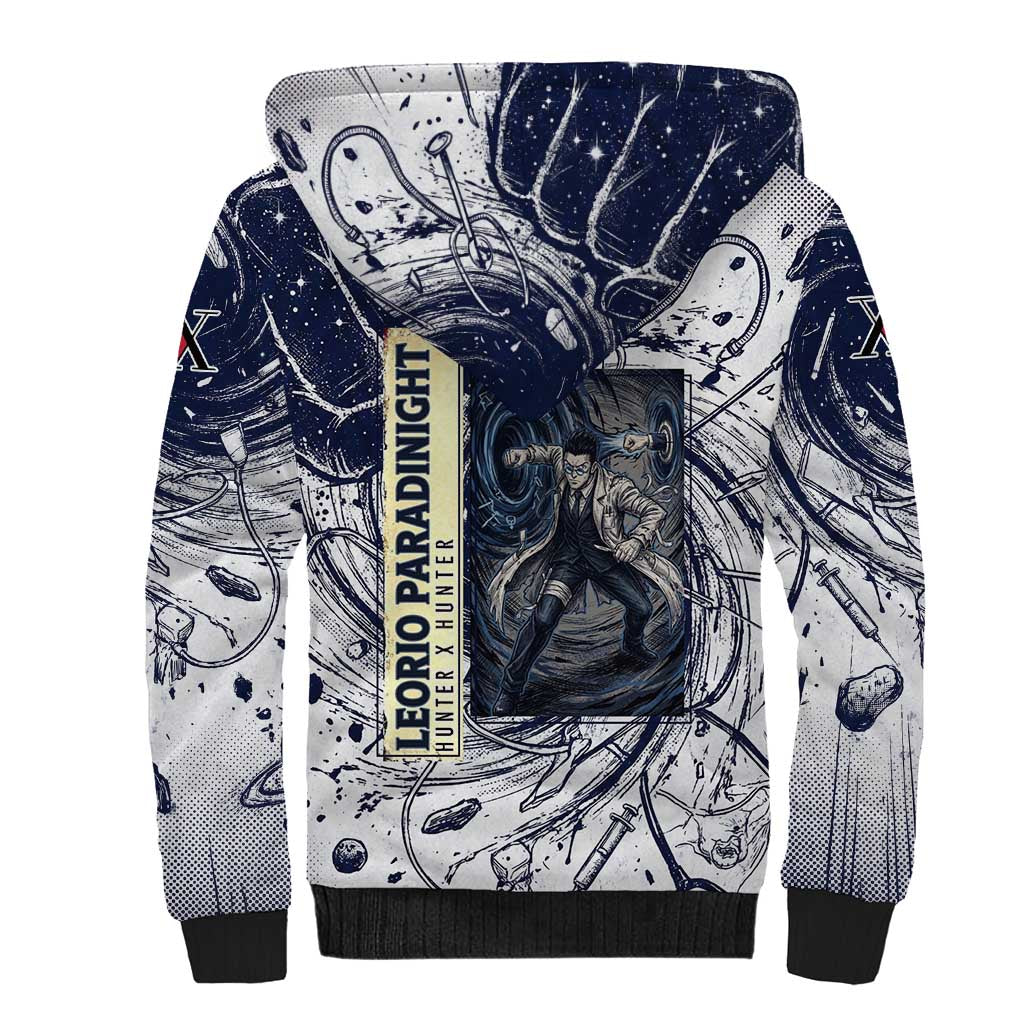 Leorio Paradinight Portal Energy Theme Sherpa Hoodie with Dynamic Anime Artwork and Blue Grunge Design - The Mazicc