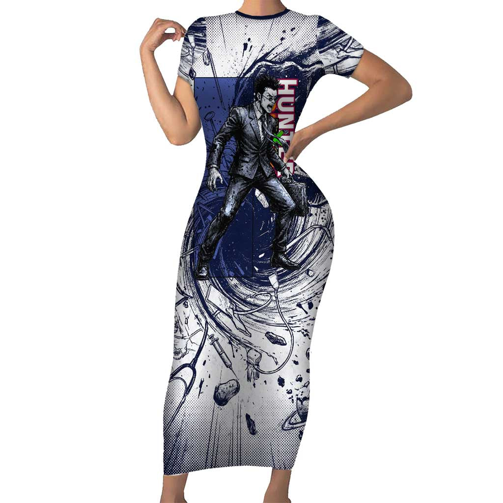 Leorio Paradinight Portal Energy Theme Short Sleeve Bodycon Dress with Dynamic Anime Artwork and Blue Grunge Design - The Mazicc