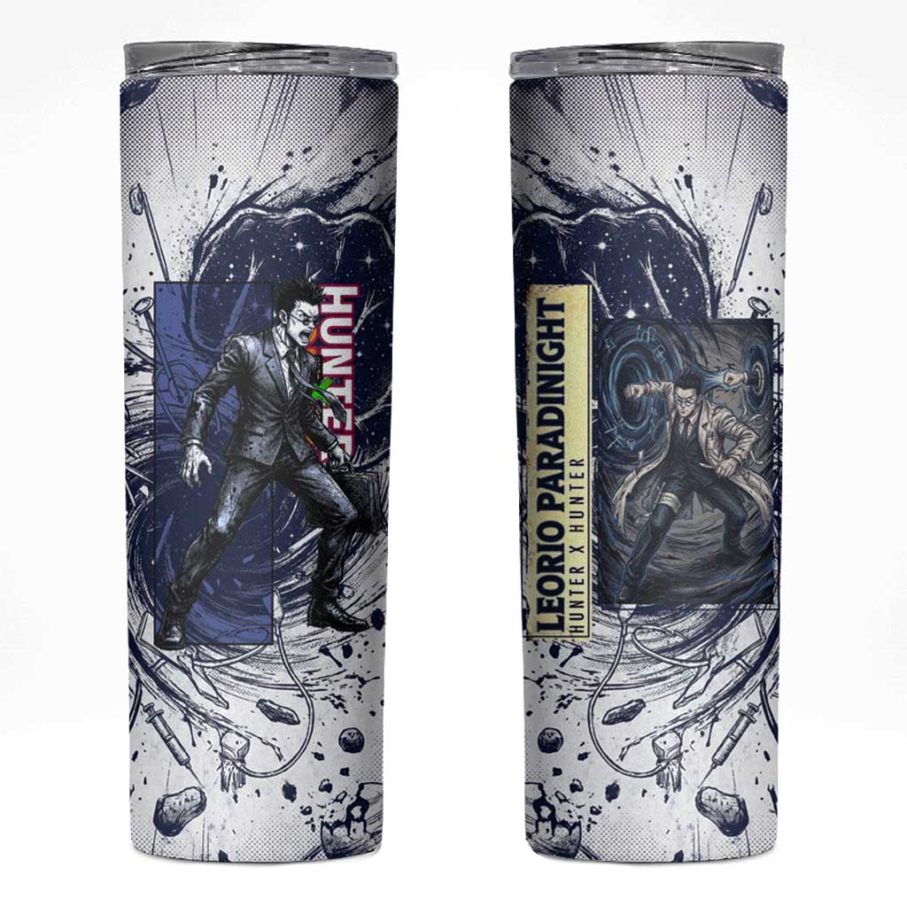 Leorio Paradinight Portal Energy Theme Skinny Tumbler with Dynamic Anime Artwork and Blue Grunge Design - The Mazicc