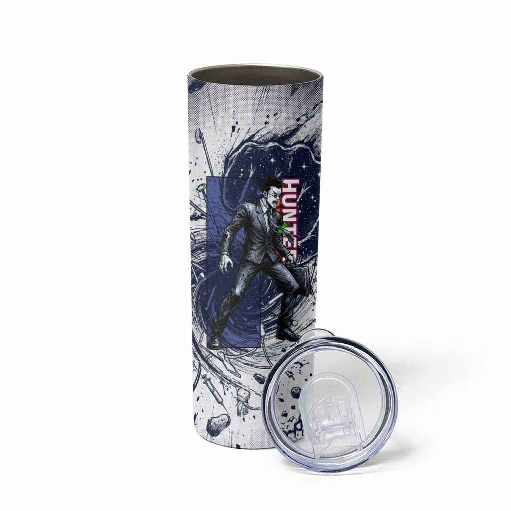 Leorio Paradinight Portal Energy Theme Skinny Tumbler with Dynamic Anime Artwork and Blue Grunge Design - The Mazicc