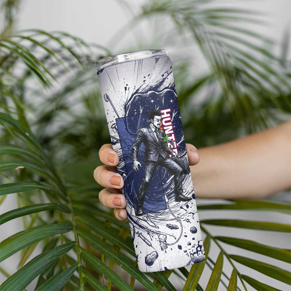 Leorio Paradinight Portal Energy Theme Skinny Tumbler with Dynamic Anime Artwork and Blue Grunge Design - The Mazicc