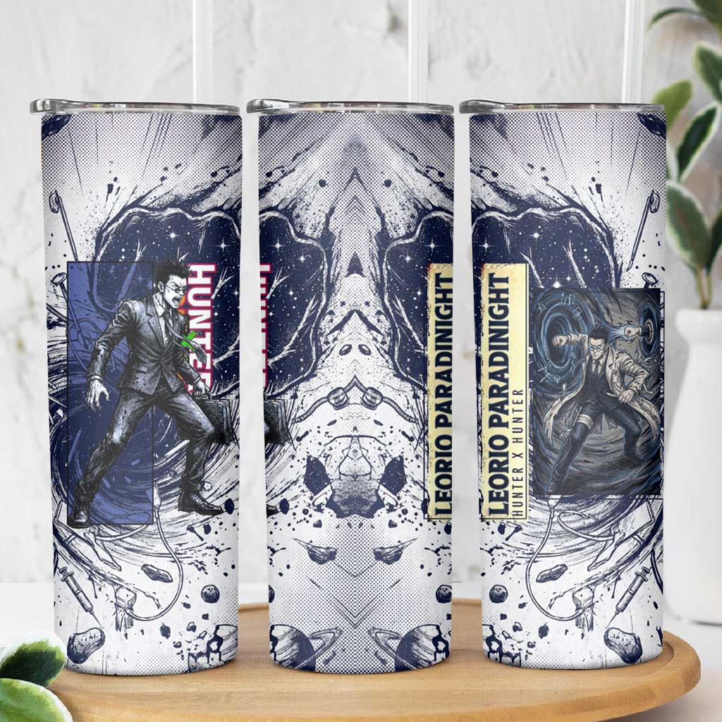 Leorio Paradinight Portal Energy Theme Skinny Tumbler with Dynamic Anime Artwork and Blue Grunge Design - The Mazicc