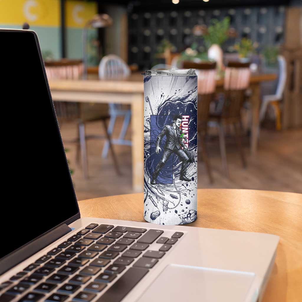 Leorio Paradinight Portal Energy Theme Skinny Tumbler with Dynamic Anime Artwork and Blue Grunge Design - The Mazicc