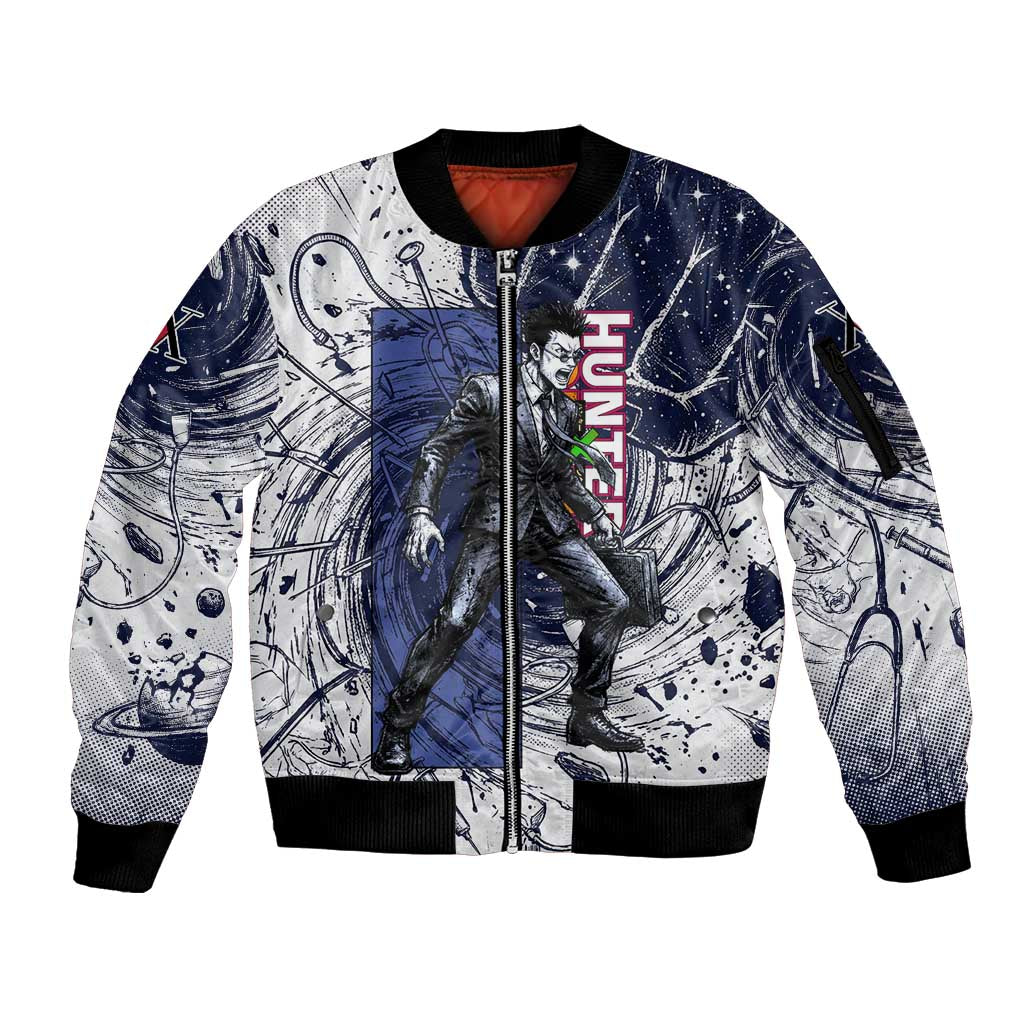 Leorio Paradinight Portal Energy Theme Sleeve Zip Bomber Jacket with Dynamic Anime Artwork and Blue Grunge Design - The Mazicc