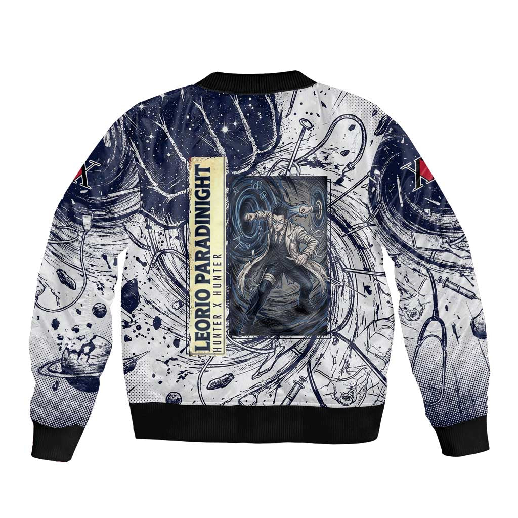 Leorio Paradinight Portal Energy Theme Sleeve Zip Bomber Jacket with Dynamic Anime Artwork and Blue Grunge Design - The Mazicc