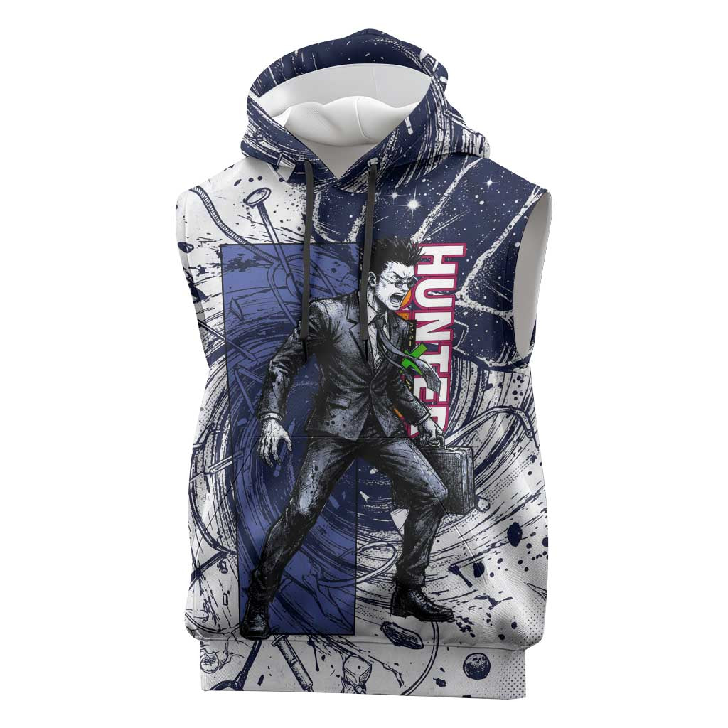 Leorio Paradinight Portal Energy Theme Sleeveless Hoodie with Dynamic Anime Artwork and Blue Grunge Design - The Mazicc