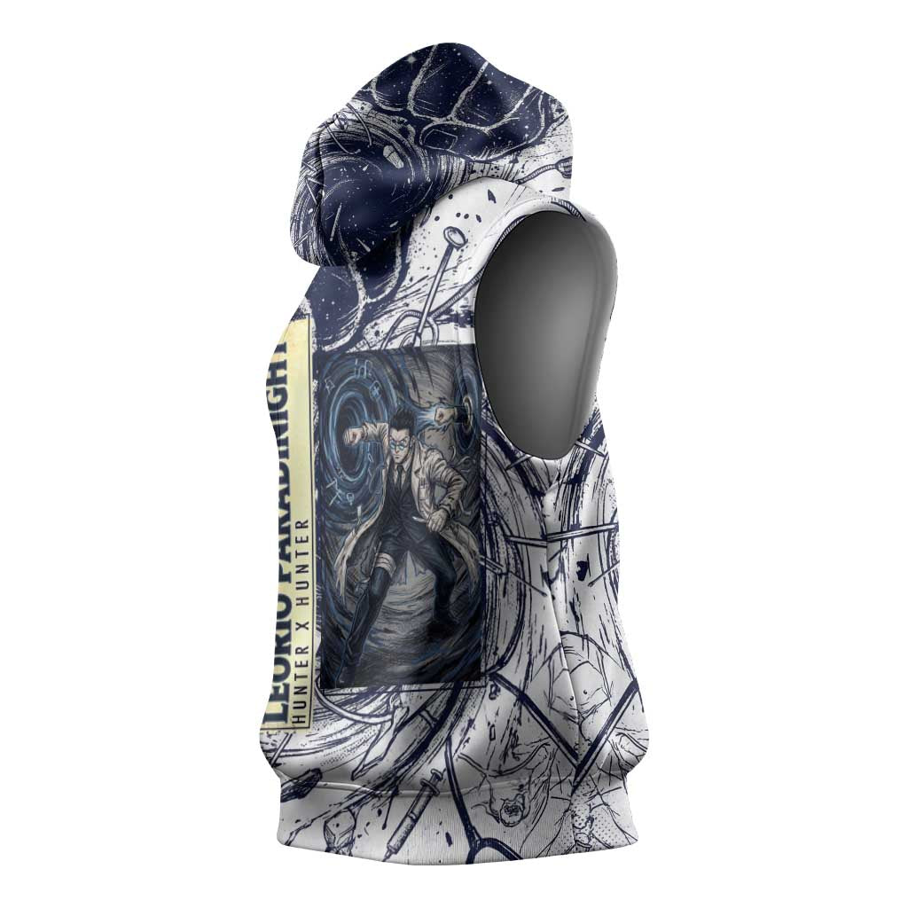 Leorio Paradinight Portal Energy Theme Sleeveless Hoodie with Dynamic Anime Artwork and Blue Grunge Design - The Mazicc