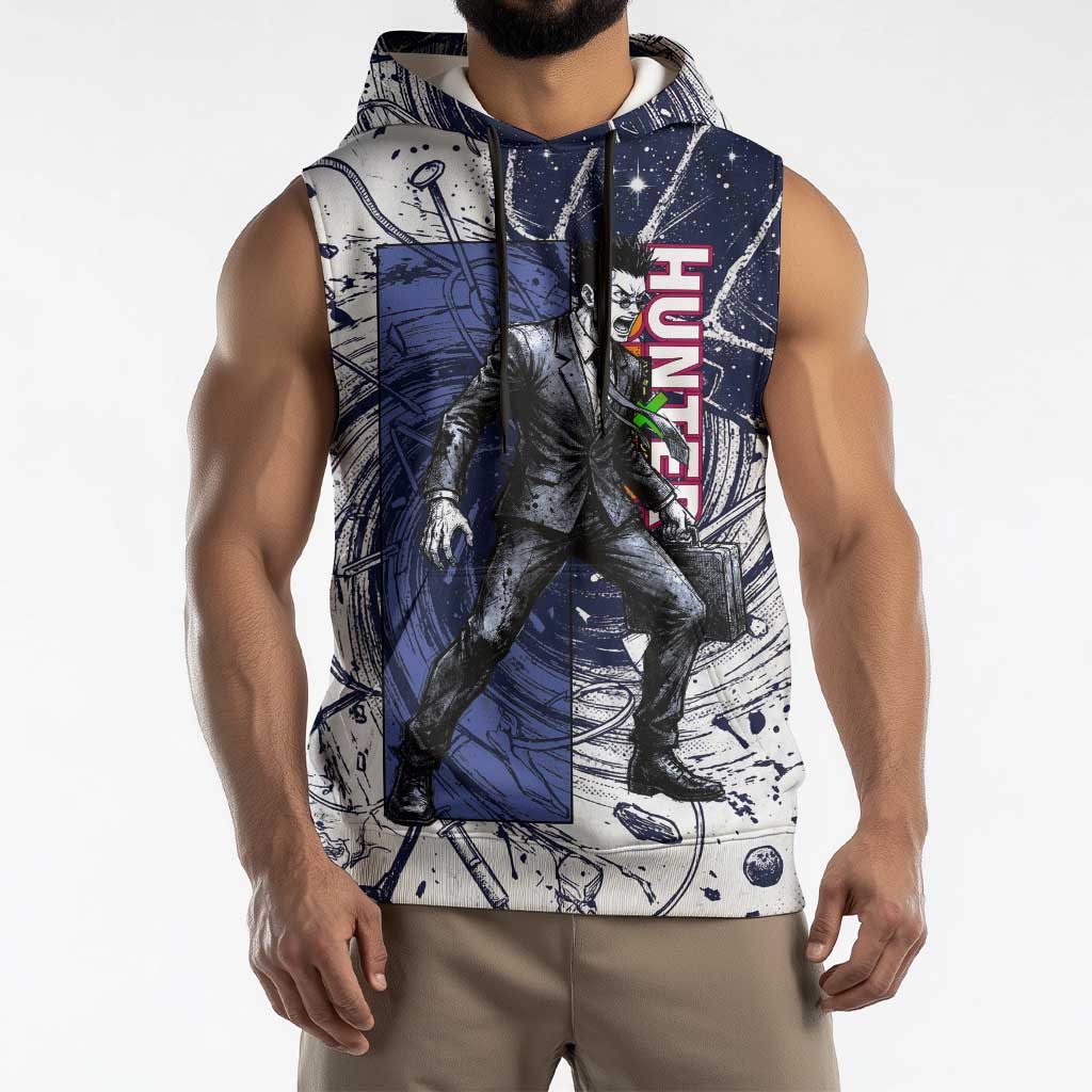Leorio Paradinight Portal Energy Theme Sleeveless Hoodie with Dynamic Anime Artwork and Blue Grunge Design - The Mazicc