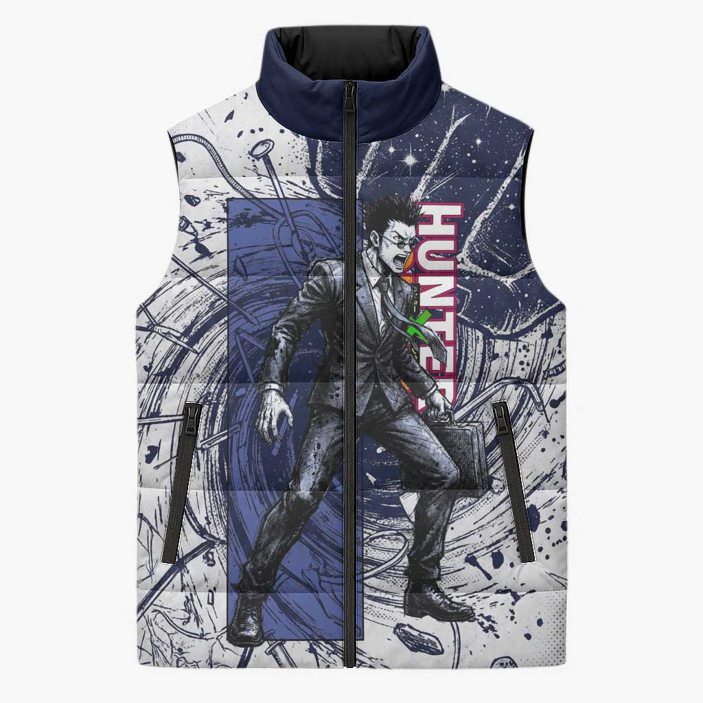 Leorio Paradinight Portal Energy Theme Sleeveless Puffer Jacket with Dynamic Anime Artwork and Blue Grunge Design - The Mazicc