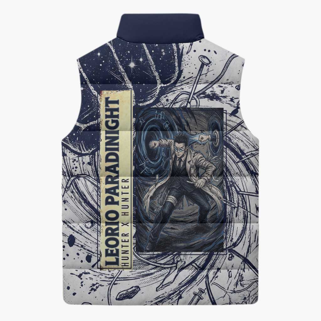 Leorio Paradinight Portal Energy Theme Sleeveless Puffer Jacket with Dynamic Anime Artwork and Blue Grunge Design - The Mazicc