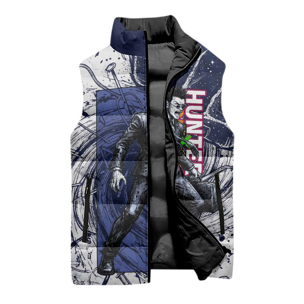 Leorio Paradinight Portal Energy Theme Sleeveless Puffer Jacket with Dynamic Anime Artwork and Blue Grunge Design - The Mazicc