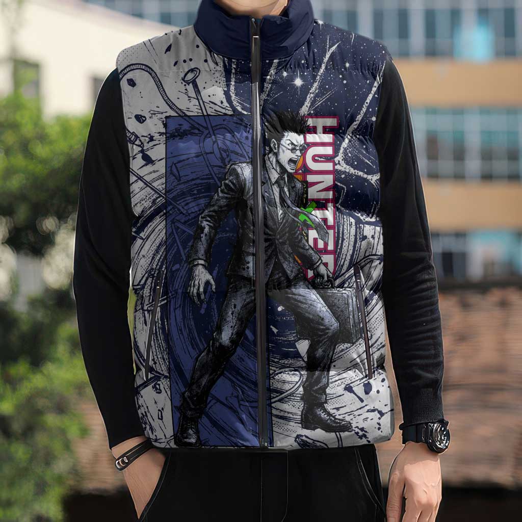 Leorio Paradinight Portal Energy Theme Sleeveless Puffer Jacket with Dynamic Anime Artwork and Blue Grunge Design - The Mazicc