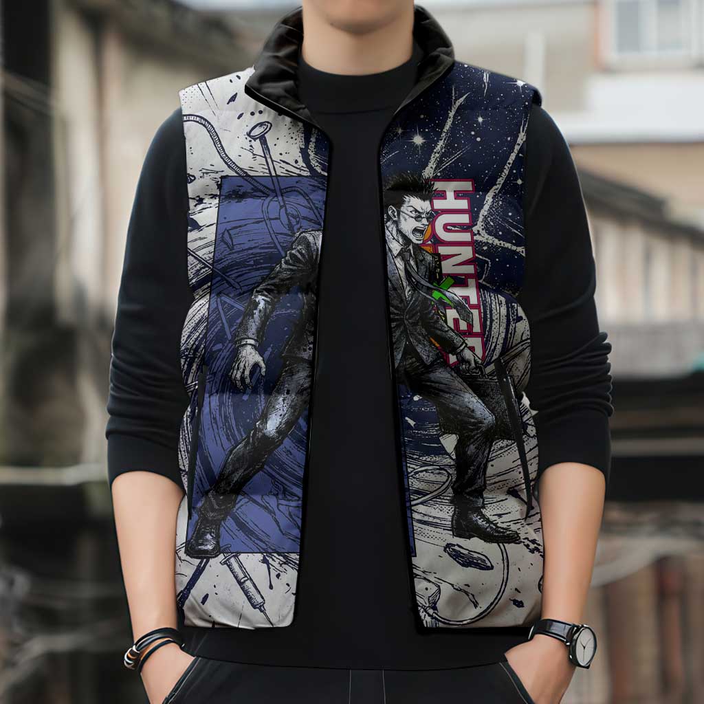 Leorio Paradinight Portal Energy Theme Sleeveless Puffer Jacket with Dynamic Anime Artwork and Blue Grunge Design - The Mazicc