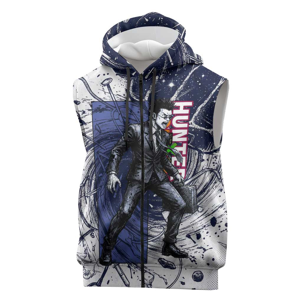 Leorio Paradinight Portal Energy Theme Sleeveless Zip Hoodie with Dynamic Anime Artwork and Blue Grunge Design - The Mazicc