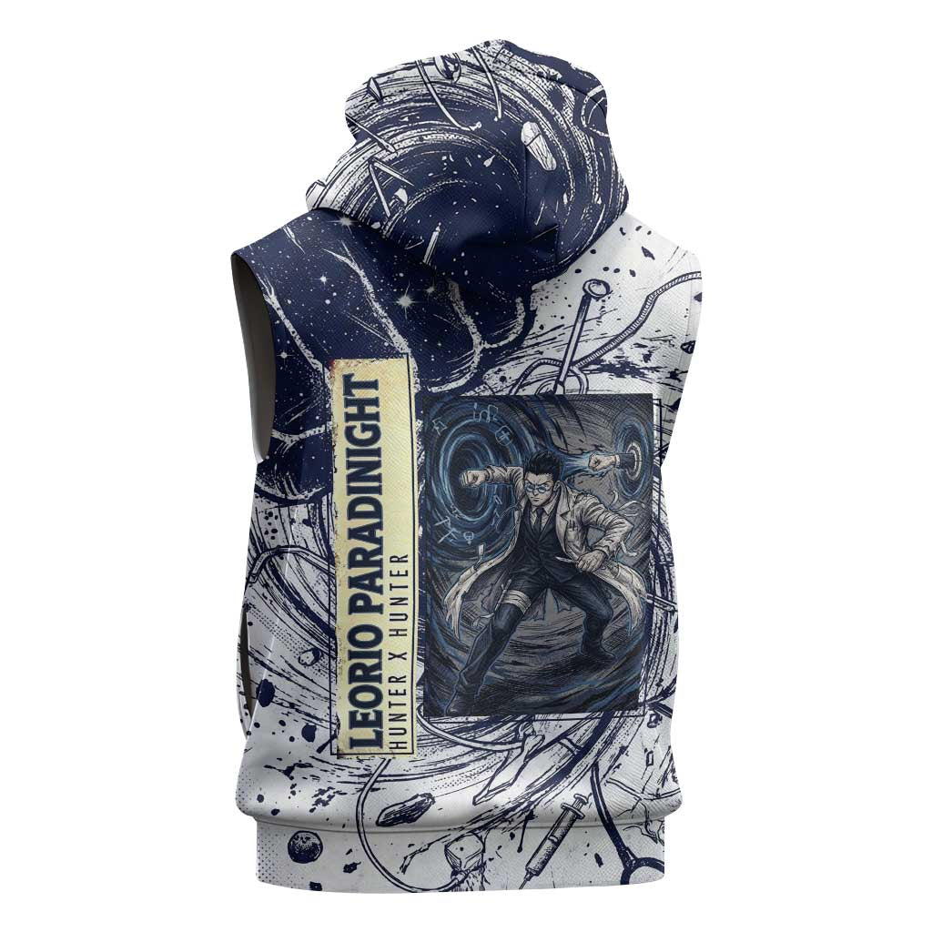Leorio Paradinight Portal Energy Theme Sleeveless Zip Hoodie with Dynamic Anime Artwork and Blue Grunge Design - The Mazicc