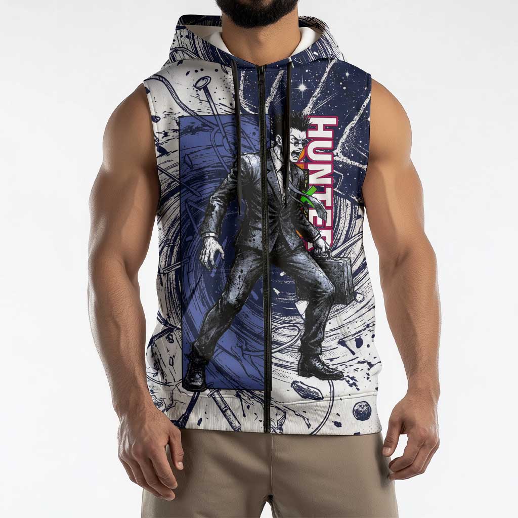 Leorio Paradinight Portal Energy Theme Sleeveless Zip Hoodie with Dynamic Anime Artwork and Blue Grunge Design - The Mazicc