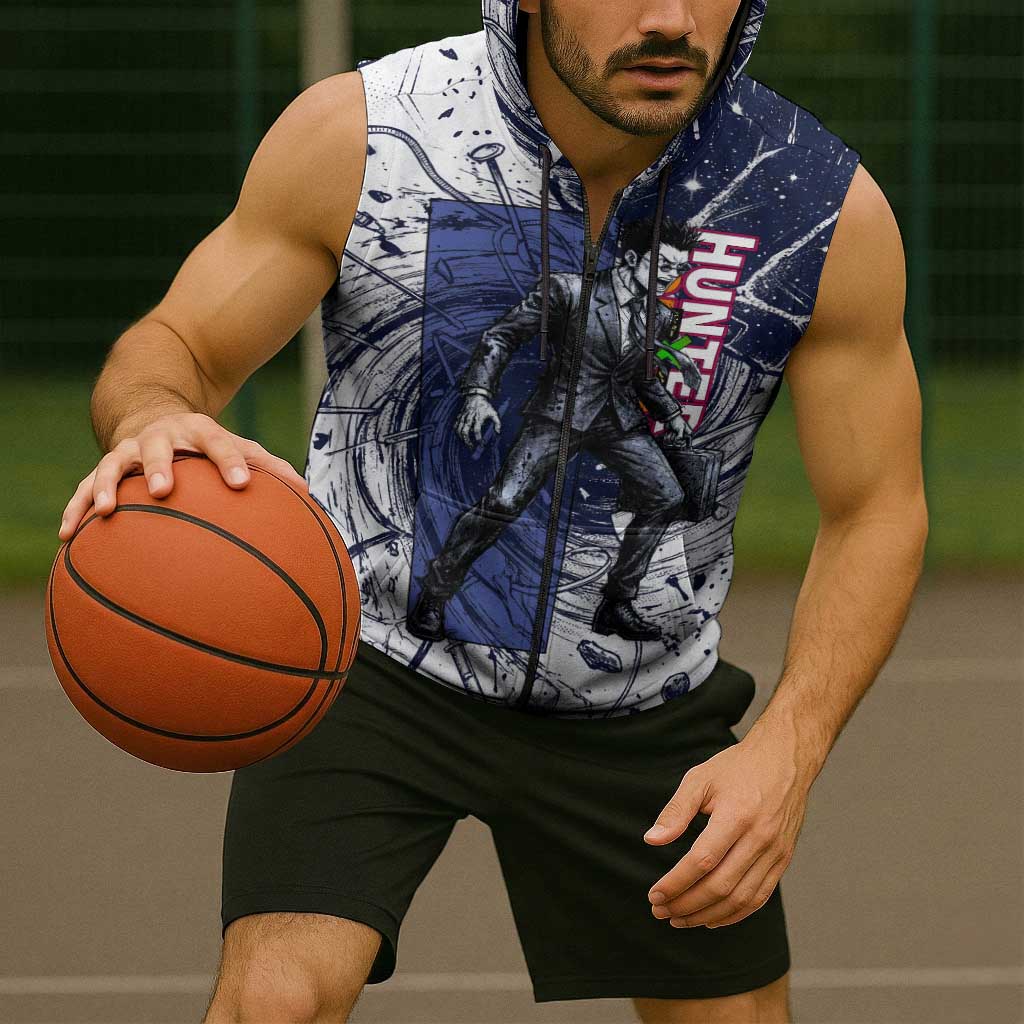 Leorio Paradinight Portal Energy Theme Sleeveless Zip Hoodie with Dynamic Anime Artwork and Blue Grunge Design - The Mazicc