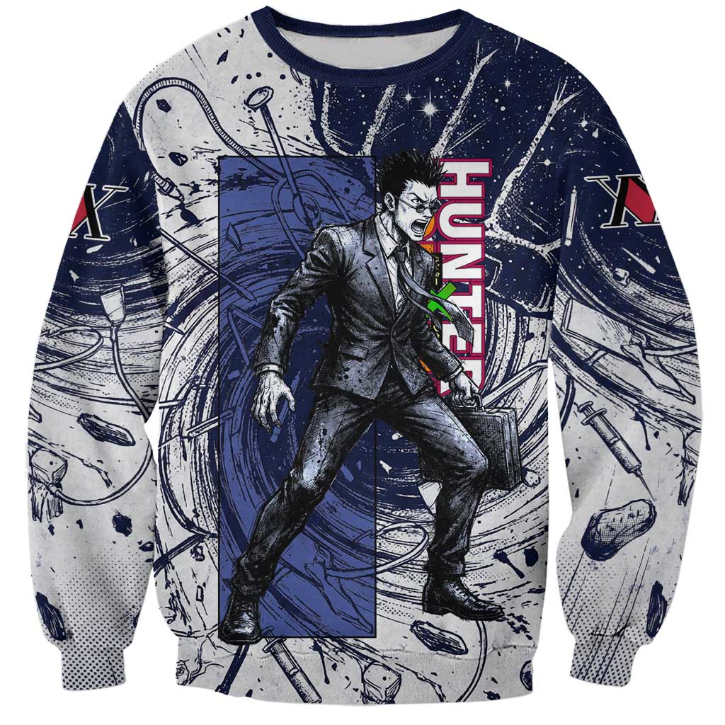 Leorio Paradinight Portal Energy Theme Sweatshirt with Dynamic Anime Artwork and Blue Grunge Design - The Mazicc