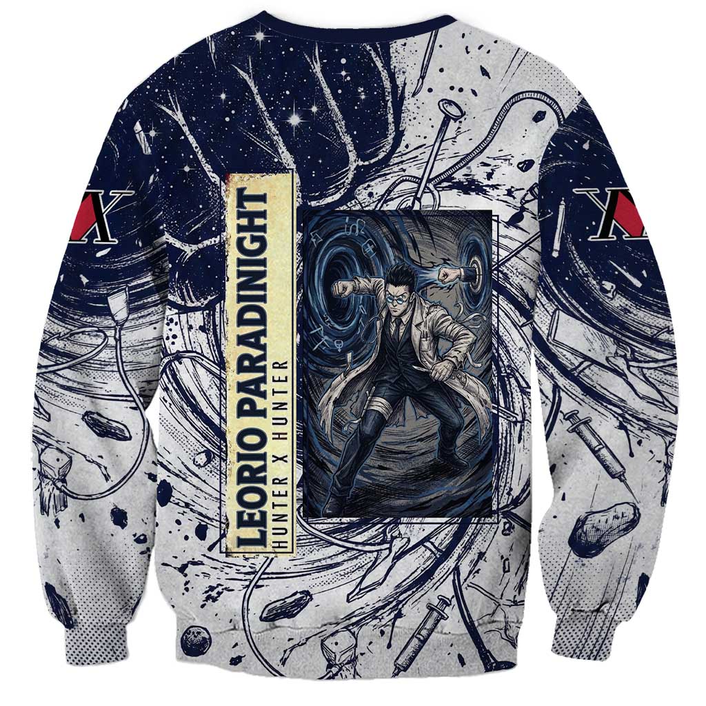 Leorio Paradinight Portal Energy Theme Sweatshirt with Dynamic Anime Artwork and Blue Grunge Design - The Mazicc