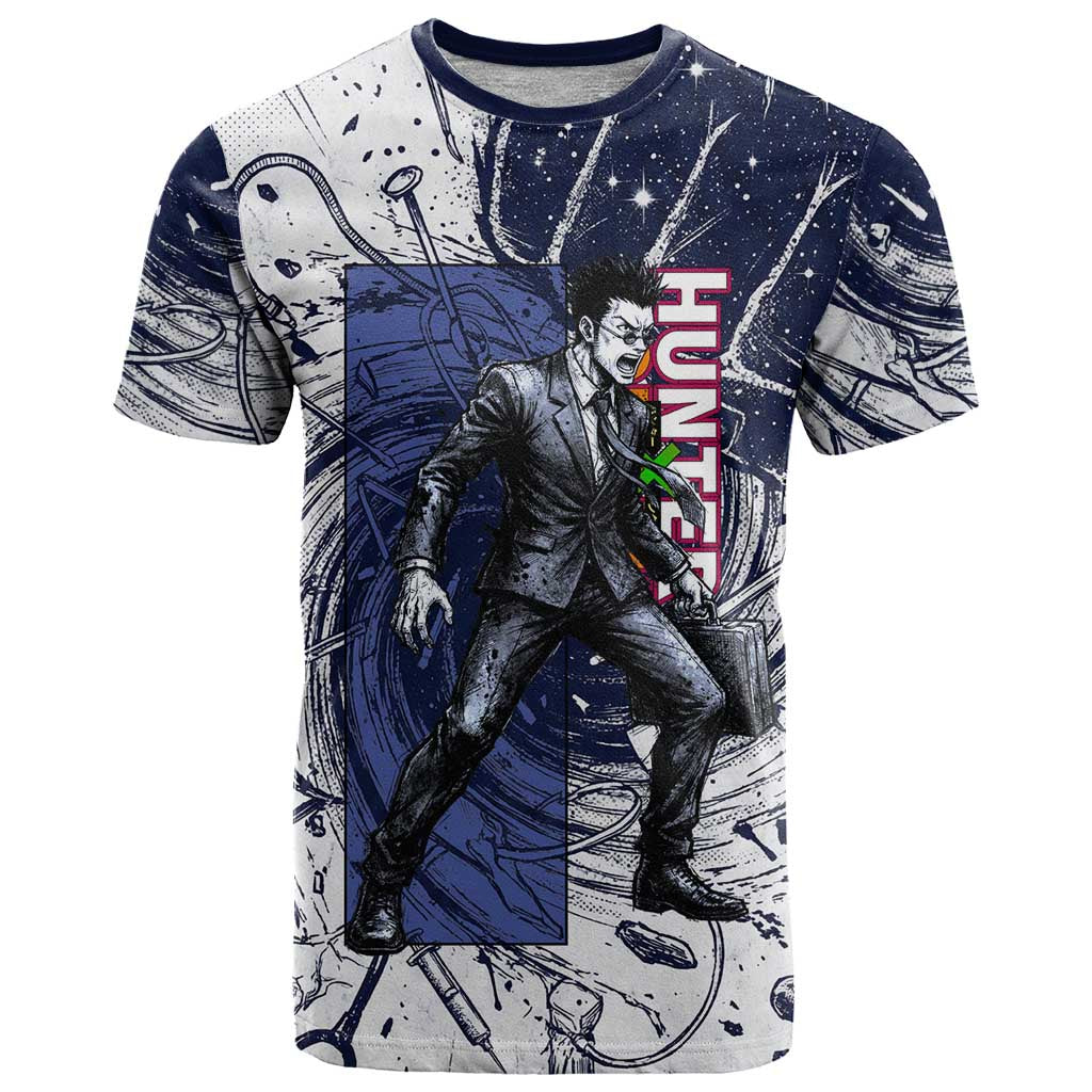 Leorio Paradinight Portal Energy Theme T Shirt with Dynamic Anime Artwork and Blue Grunge Design - The Mazicc