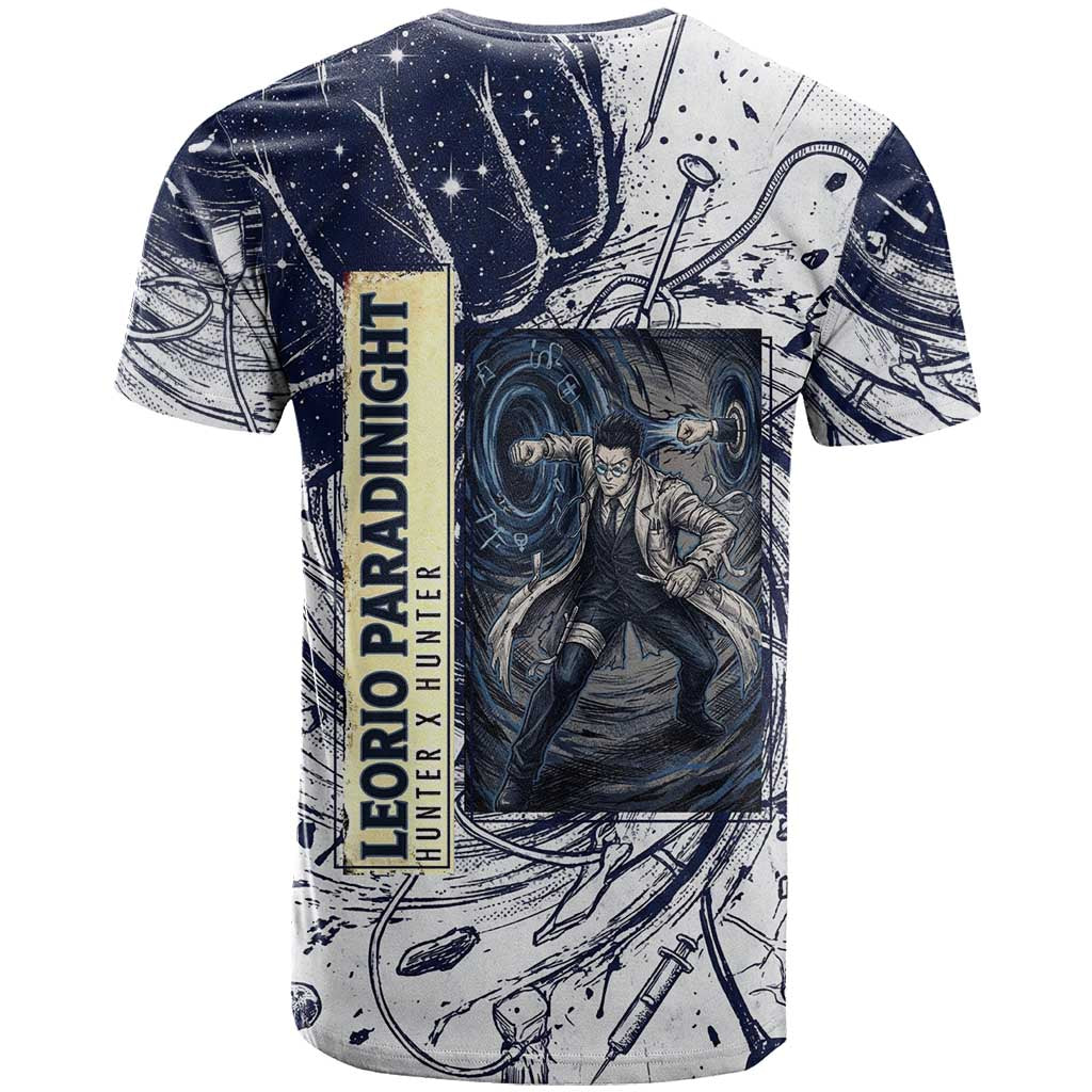 Leorio Paradinight Portal Energy Theme T Shirt with Dynamic Anime Artwork and Blue Grunge Design - The Mazicc