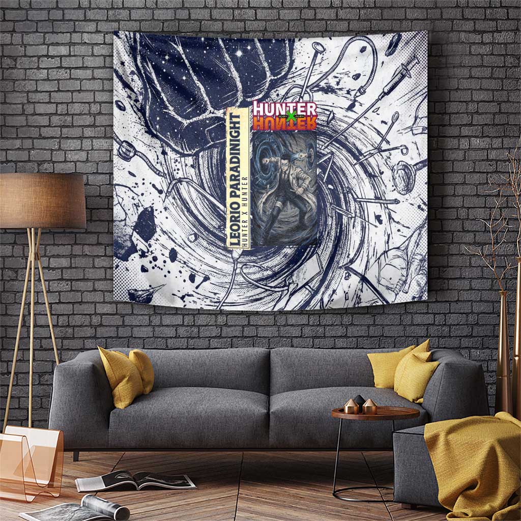 Leorio Paradinight Portal Energy Theme Tapestry with Dynamic Anime Artwork and Blue Grunge Design - The Mazicc
