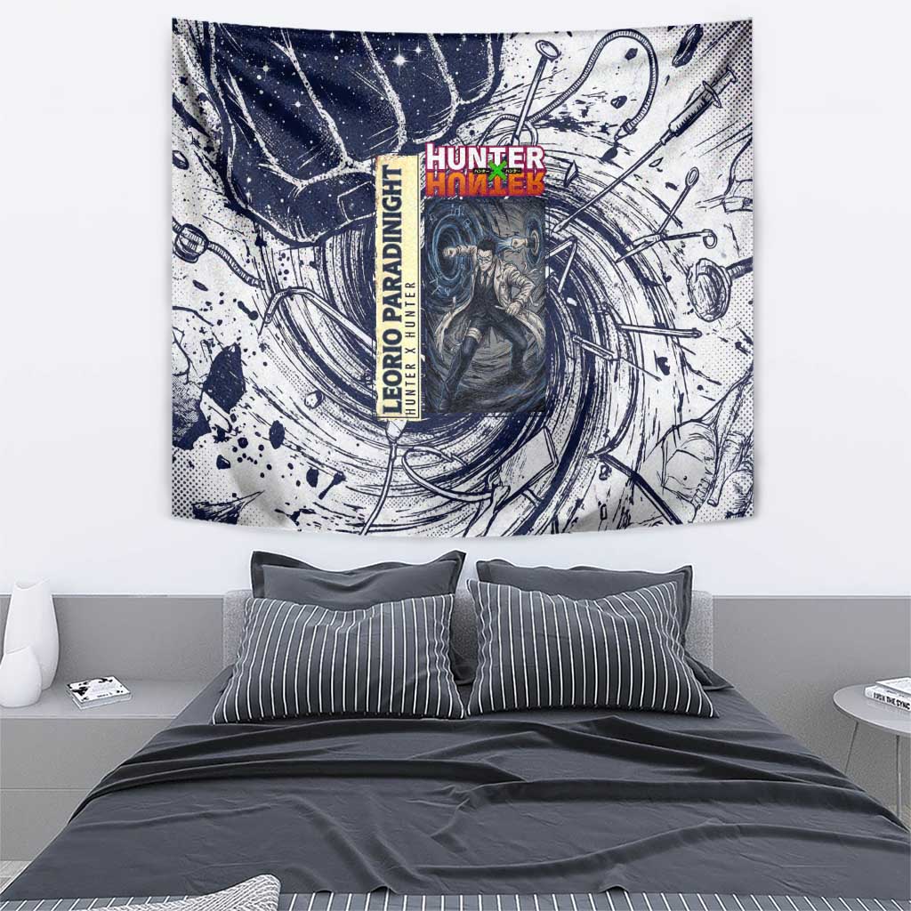Leorio Paradinight Portal Energy Theme Tapestry with Dynamic Anime Artwork and Blue Grunge Design - The Mazicc